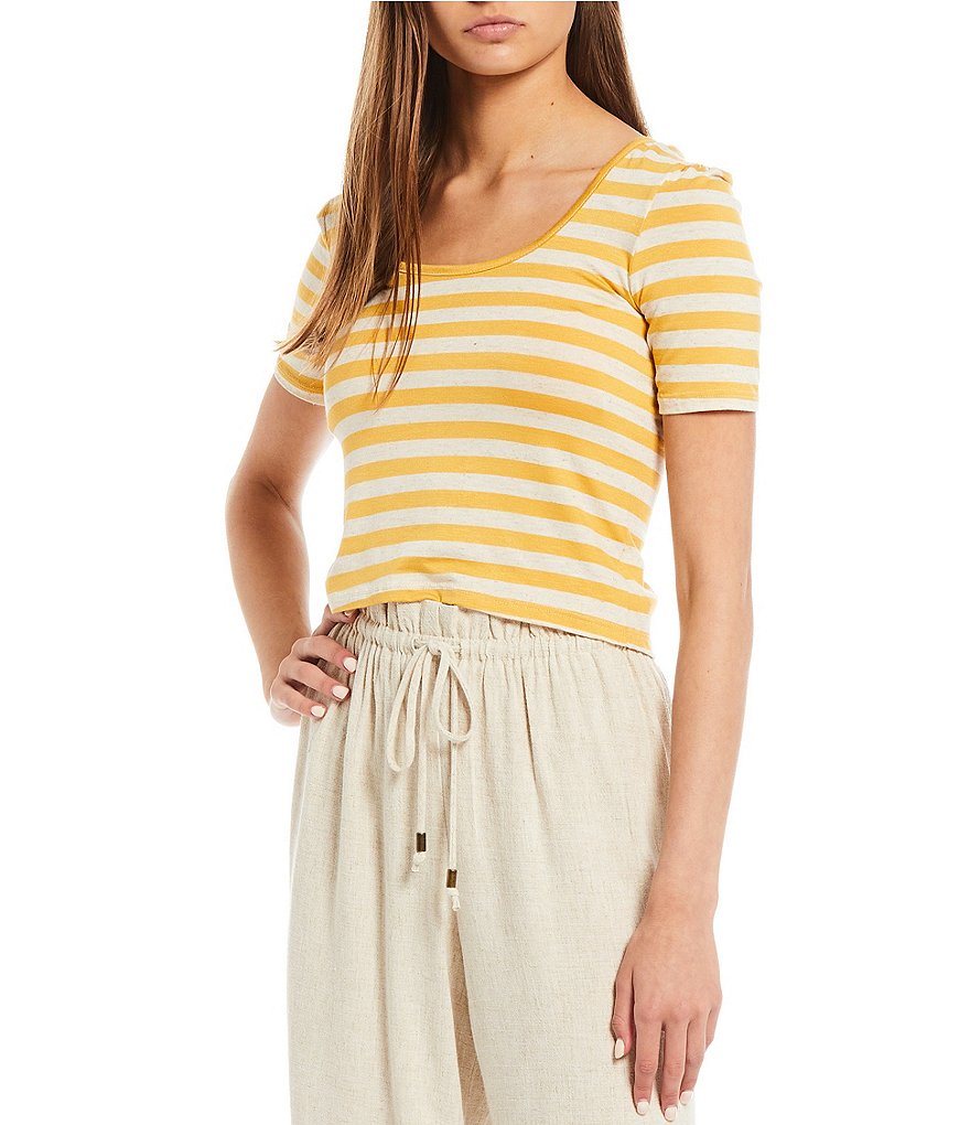 Evolutionary Short-Sleeve Double Scoop-Neck Striped Knit Crop Top