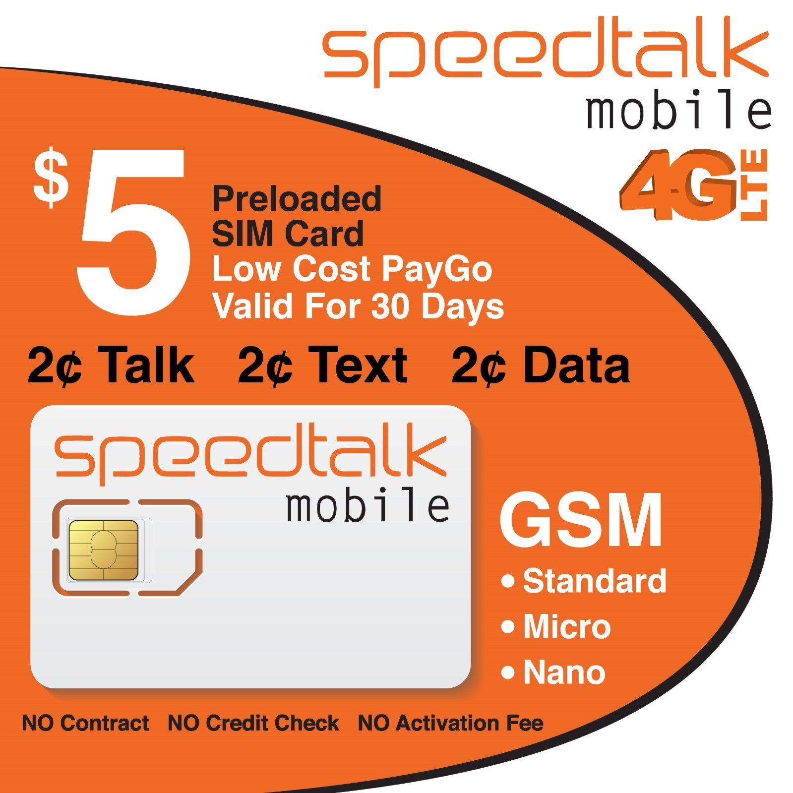 $5 Preloaded Mobile Sim Card - NO Contract - Speedtalk