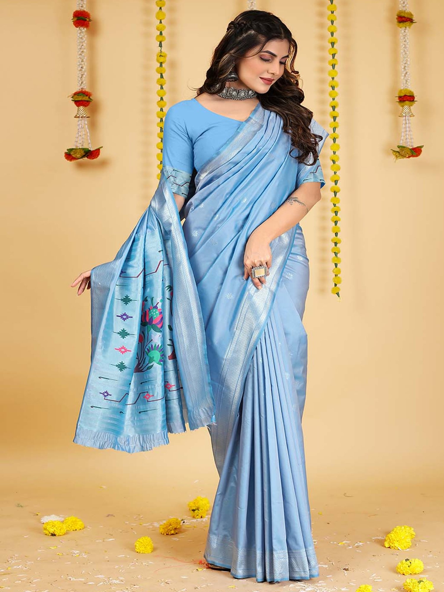 SHUBHKALA Blue Silk Woven Saree With Unstitched Blouse