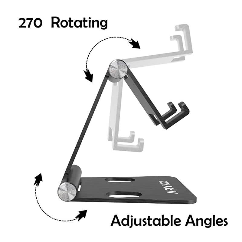 Desktop Phone Holder Stand - Smartphone, Tablet Cradle - Foldable, Aluminum Standing Bracket Compatible with iPhone, Nintendo Switch - Portable Screen Mount, 270-Degree Adjustable Angle