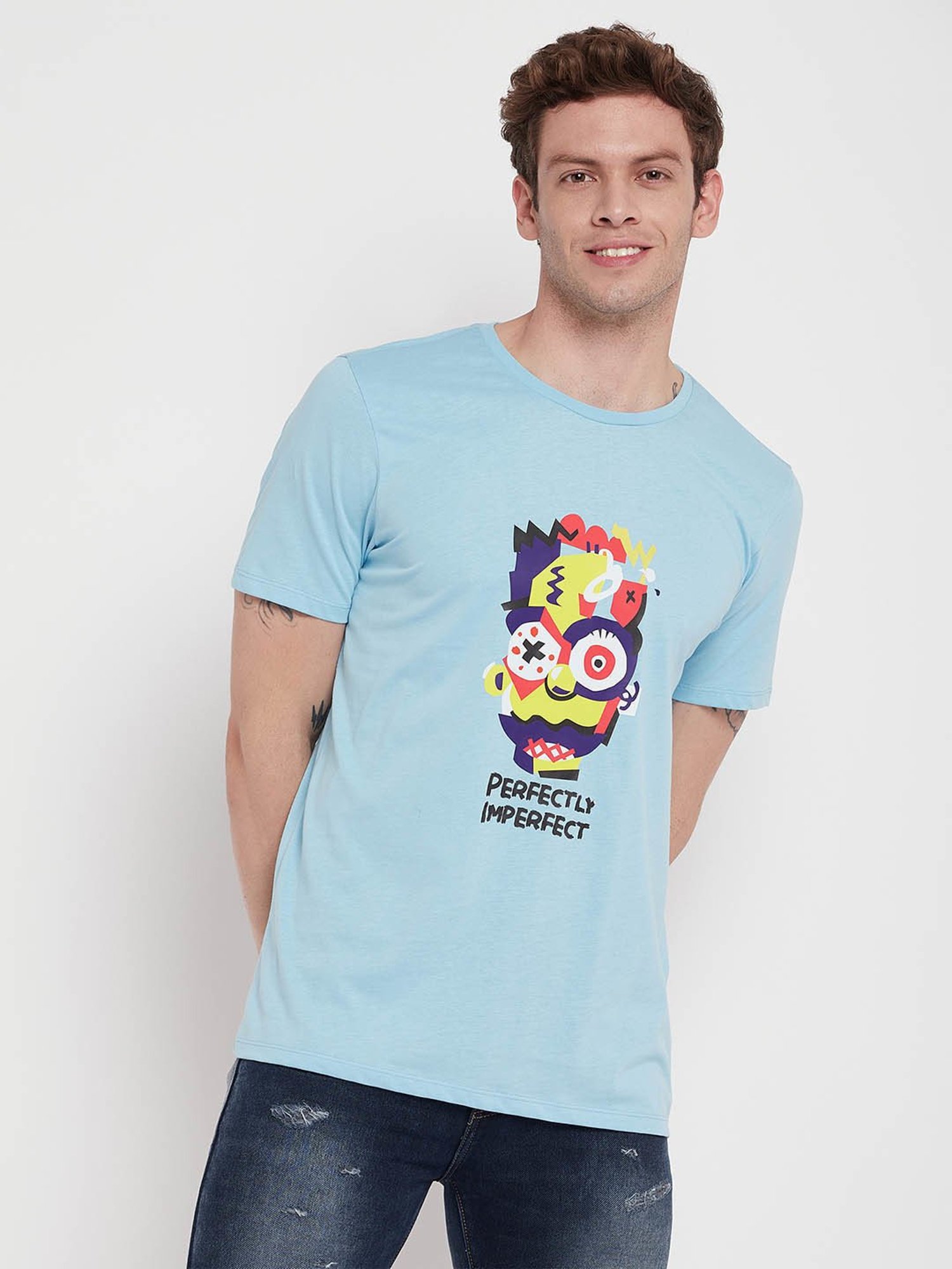 EDRIO Light Blue Regular Fit Printed T-Shirt