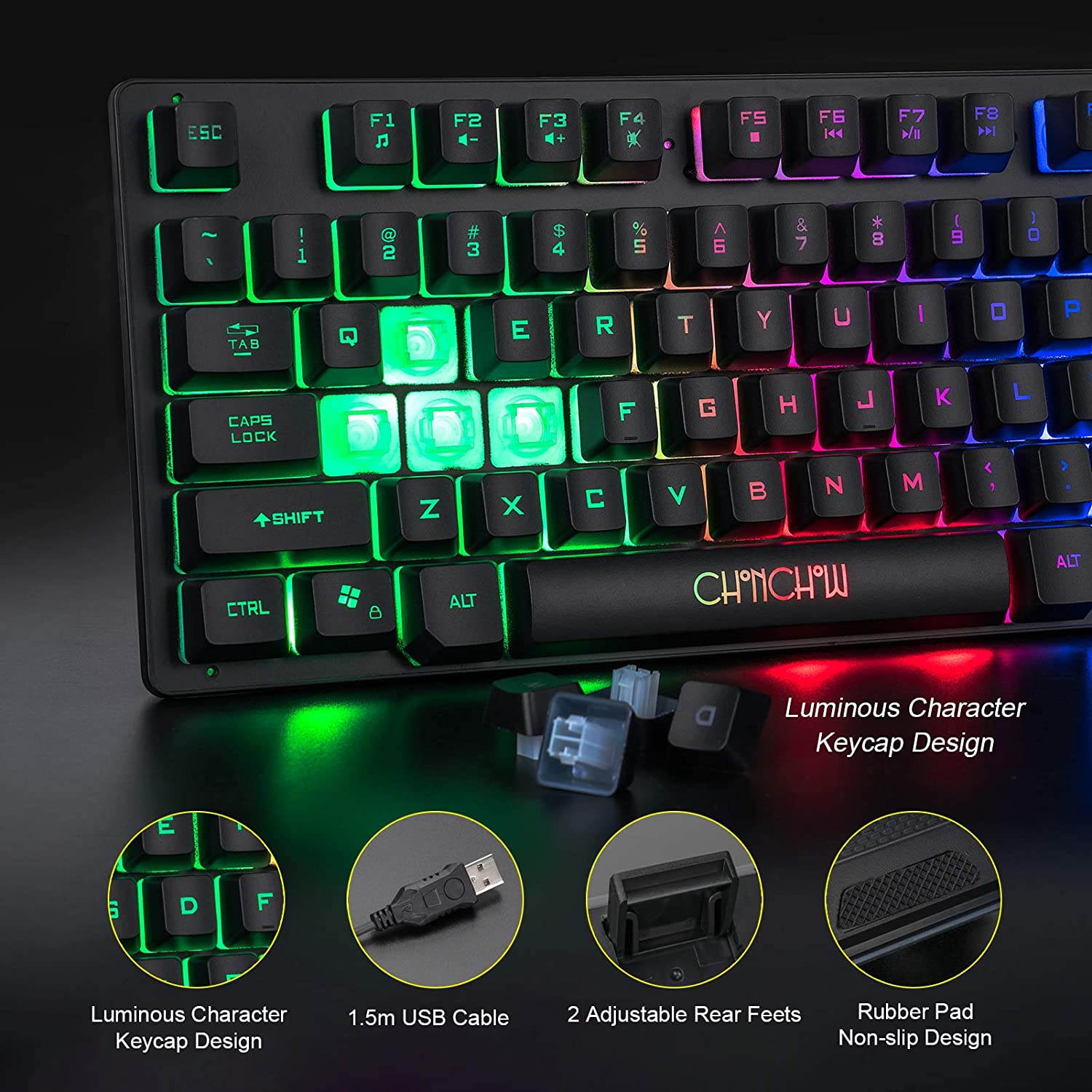 High Performance 87 Keys Compact Gaming Keyboard, USB Wired LED Rainbow Backlit Tenkeyless Gaming Keyboard for Laptop Ps4 PC Computer Game and Work