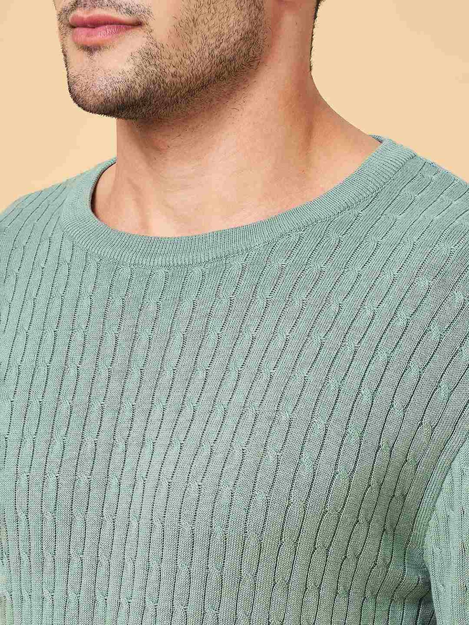 Byford by Pantaloons Green Cotton Slim Fit Self Pattern Sweater