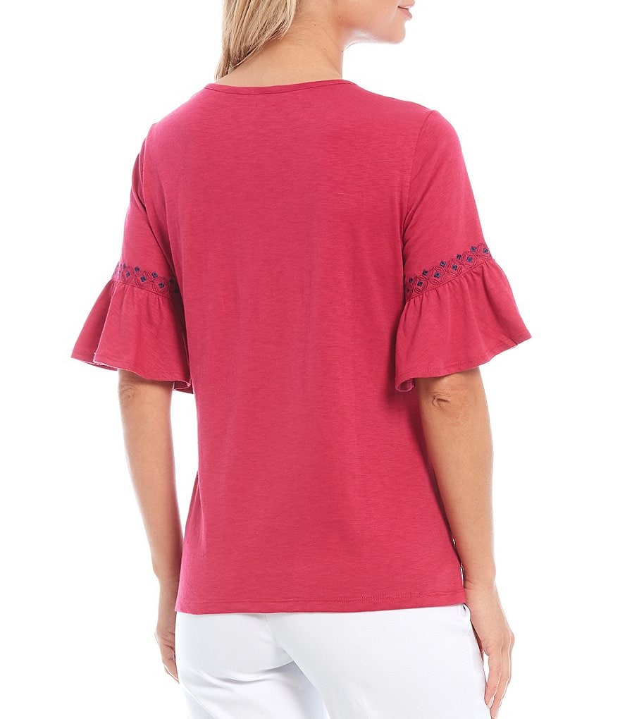 Allison Daley Petite Size Slub Jersey Ruffle Short Sleeve Crew Neck Top