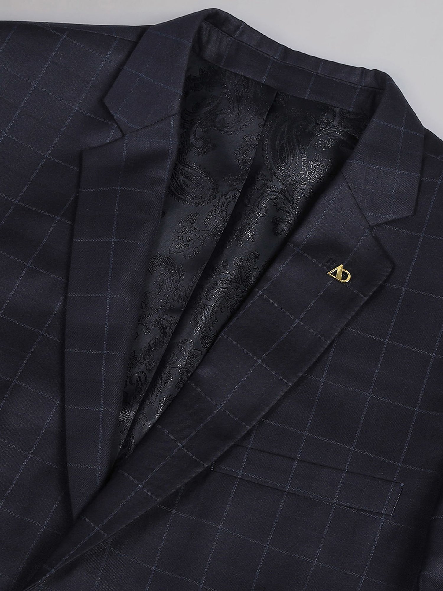 AD by Arvind Navy Regular Fit Check Notch Lapel Blazer
