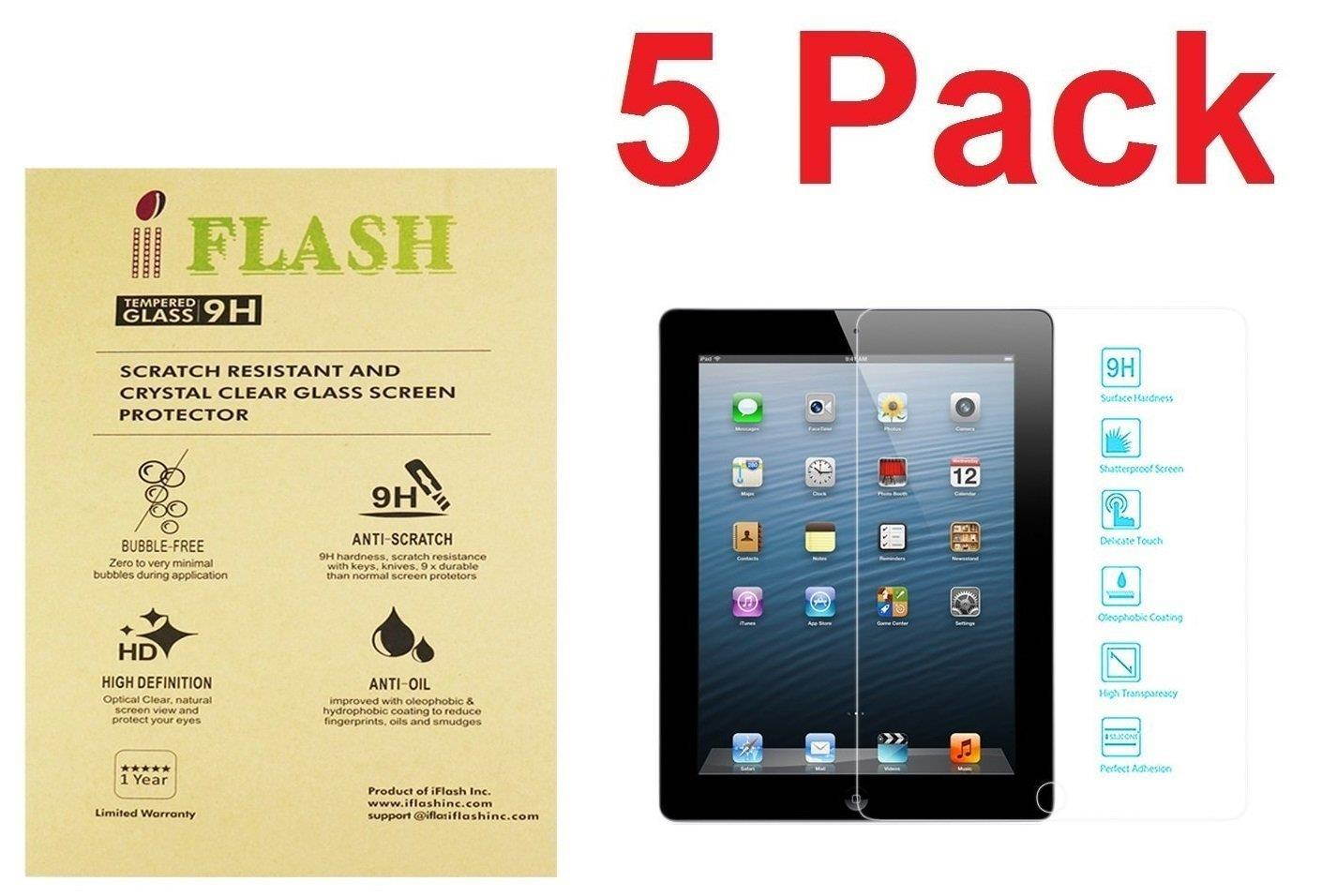 [5 Pack Promotion] iFlash Tempered Glass Screen Protector For Apple iPad 2 / 3 / 4 - Transparent Crystal Clear / 2.5D Rounded Edges / 9H Hardness / Scratch Proof / Bubble Free / Oleophobic Coating