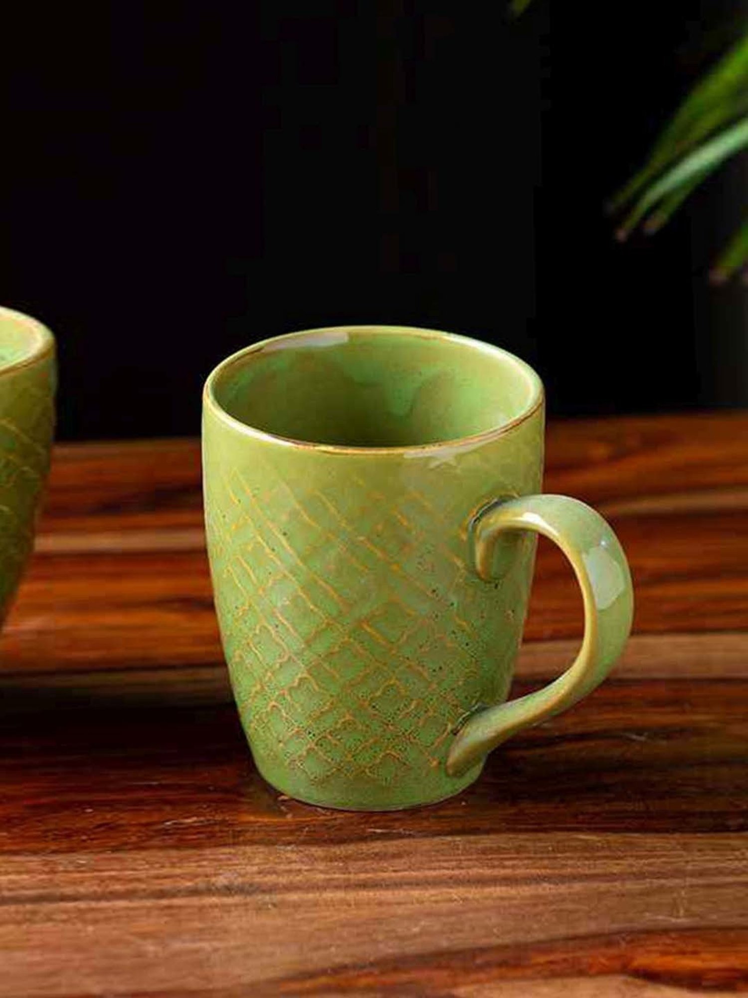 ExclusiveLane 'Moroccan Pistachio' Hand Glazed & Embossed Coffee Mug In Ceramic (300 ML, )