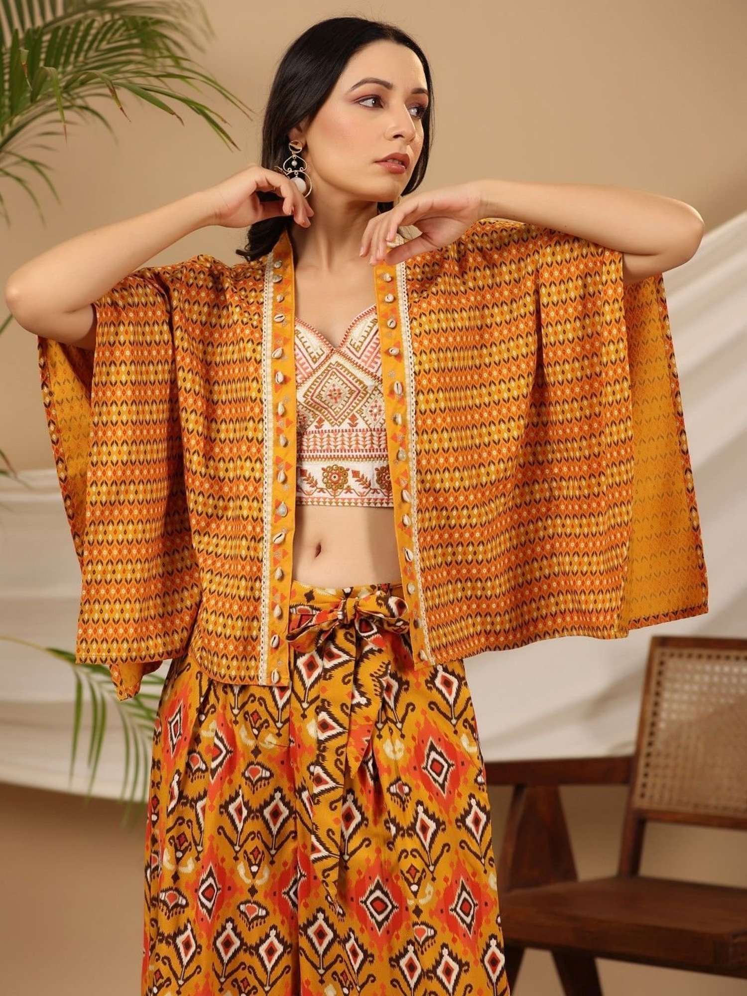 Juniper Mustard Ikat Printed & Tribal Embroidered Rayon Co-Ord Set With Jacket & Kaudis