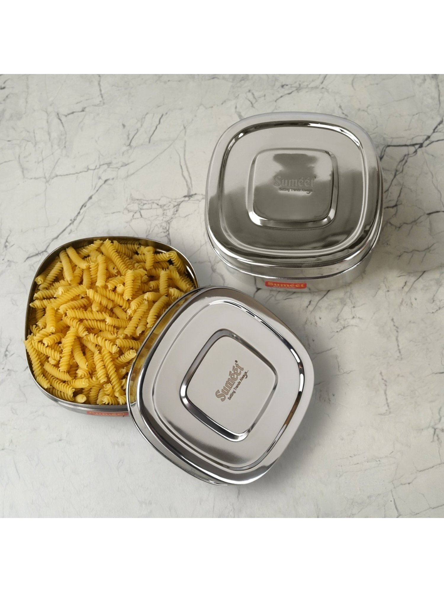 Sumeet S.S. Square Storage containers box/Dabba for Kitchen, Set of 2Pcs, 1000ml, 14cm Dia, Silver