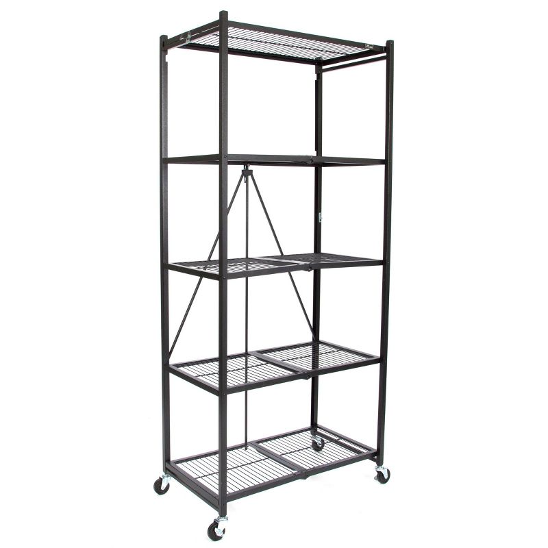 Origami Large Wheeled 5-Shelf Folding Steel Wire Shelving, Black (21"x36"x78")