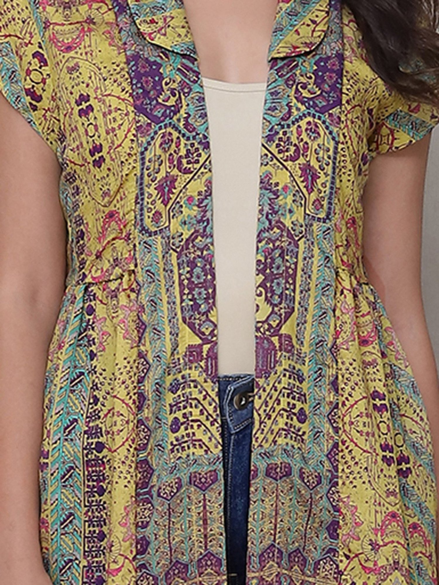 aarke Ritu Kumar Yellow & Purple Printed Long Shrug