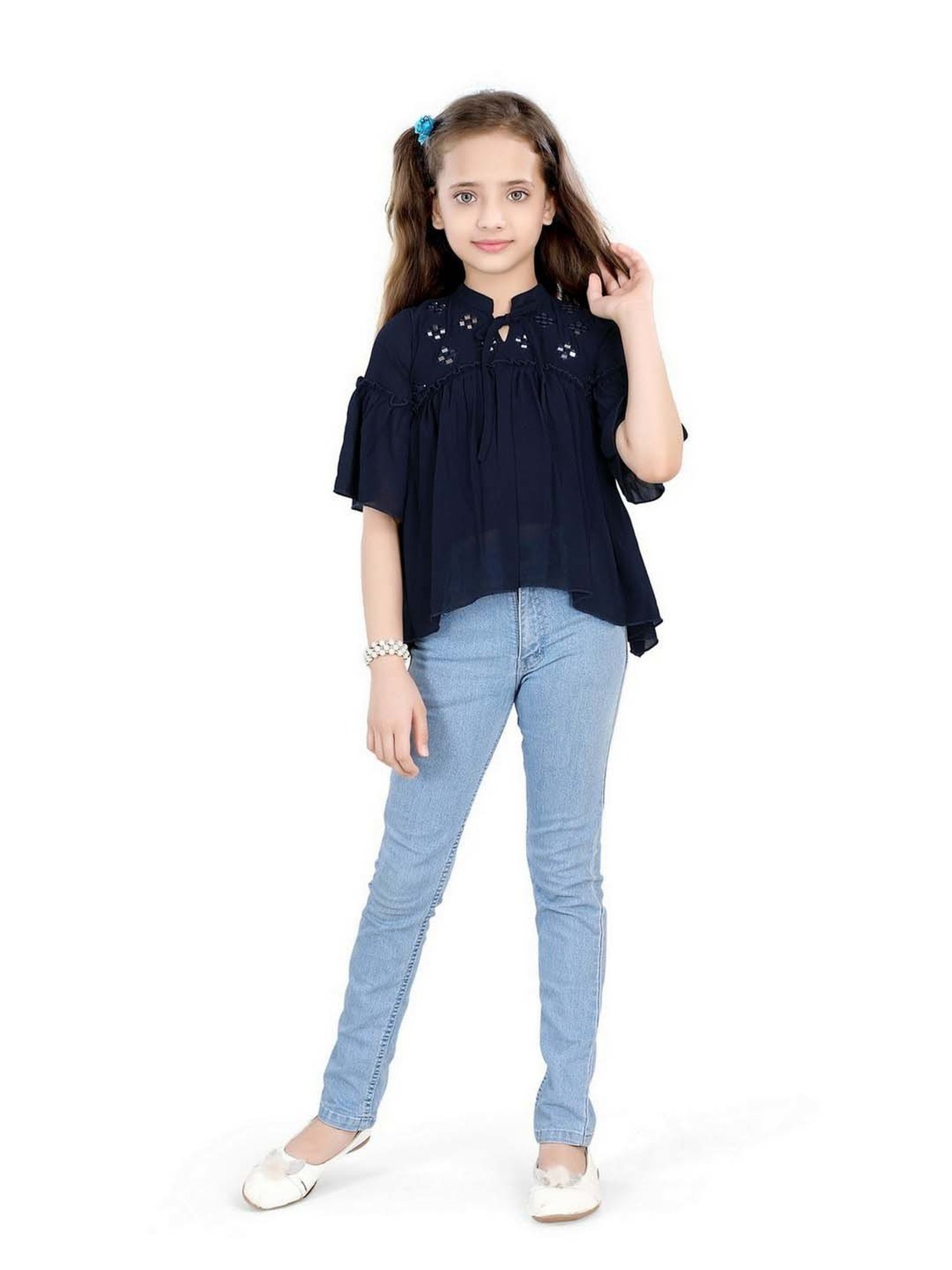 poplins Kids Navy Cotton Embellished Top