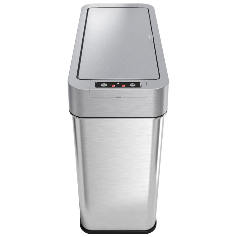 iTouchless Bathroom Sensor Trash Can with AbsorbX Odor Filter Left Side Lid Open Rectangular 4 Gallon Silver Stainless Steel
