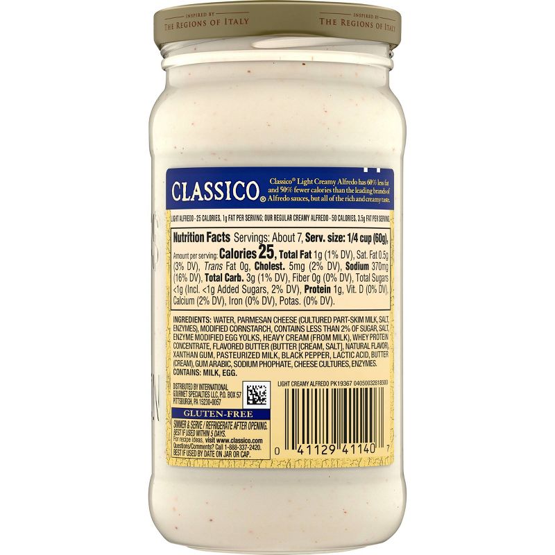 Classico Signature Recipes Pasta Sauce Light Creamy Alfredo 15oz