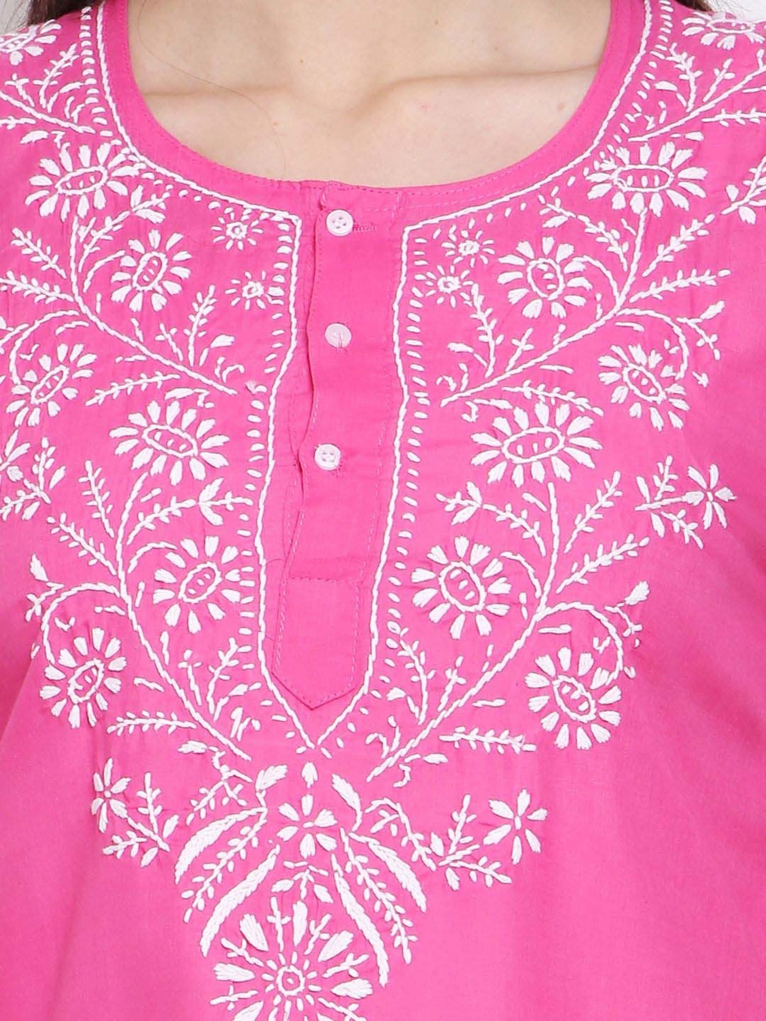 PARAMOUNT CHIKAN Hot Pink Cotton Chikankari Straight Kurti
