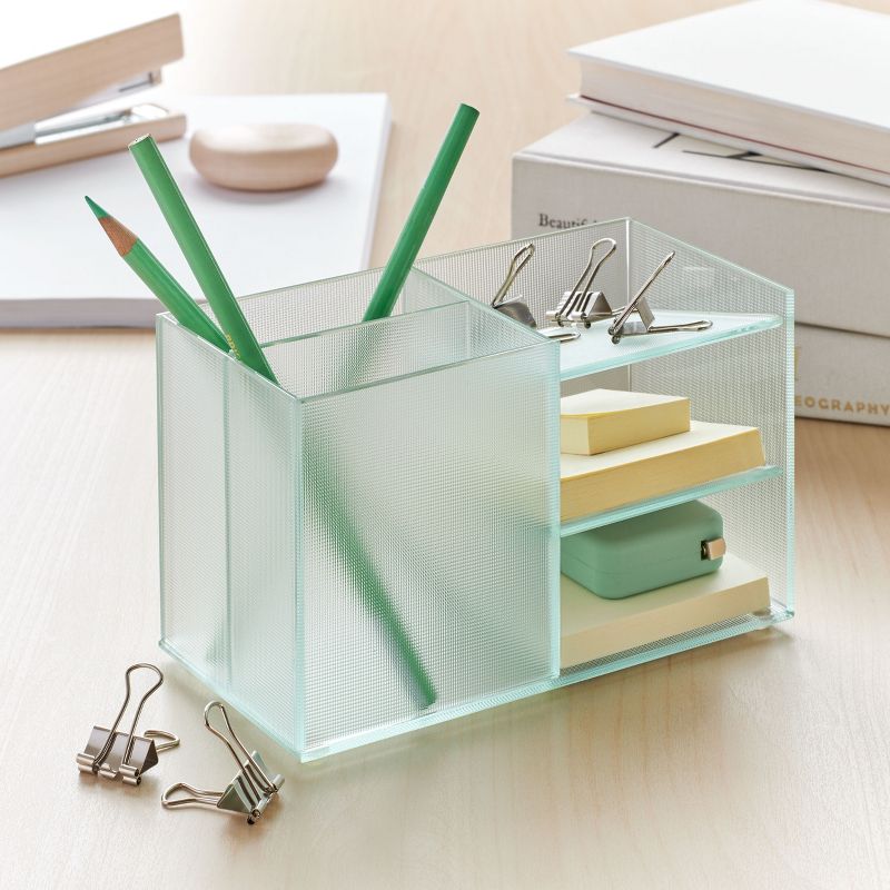 Design Ideas Vinestra Desk Supplies Organizer - Striated Glass Office Desktop Organizer - Clear, 6.8" x 3.4" x 3.9"