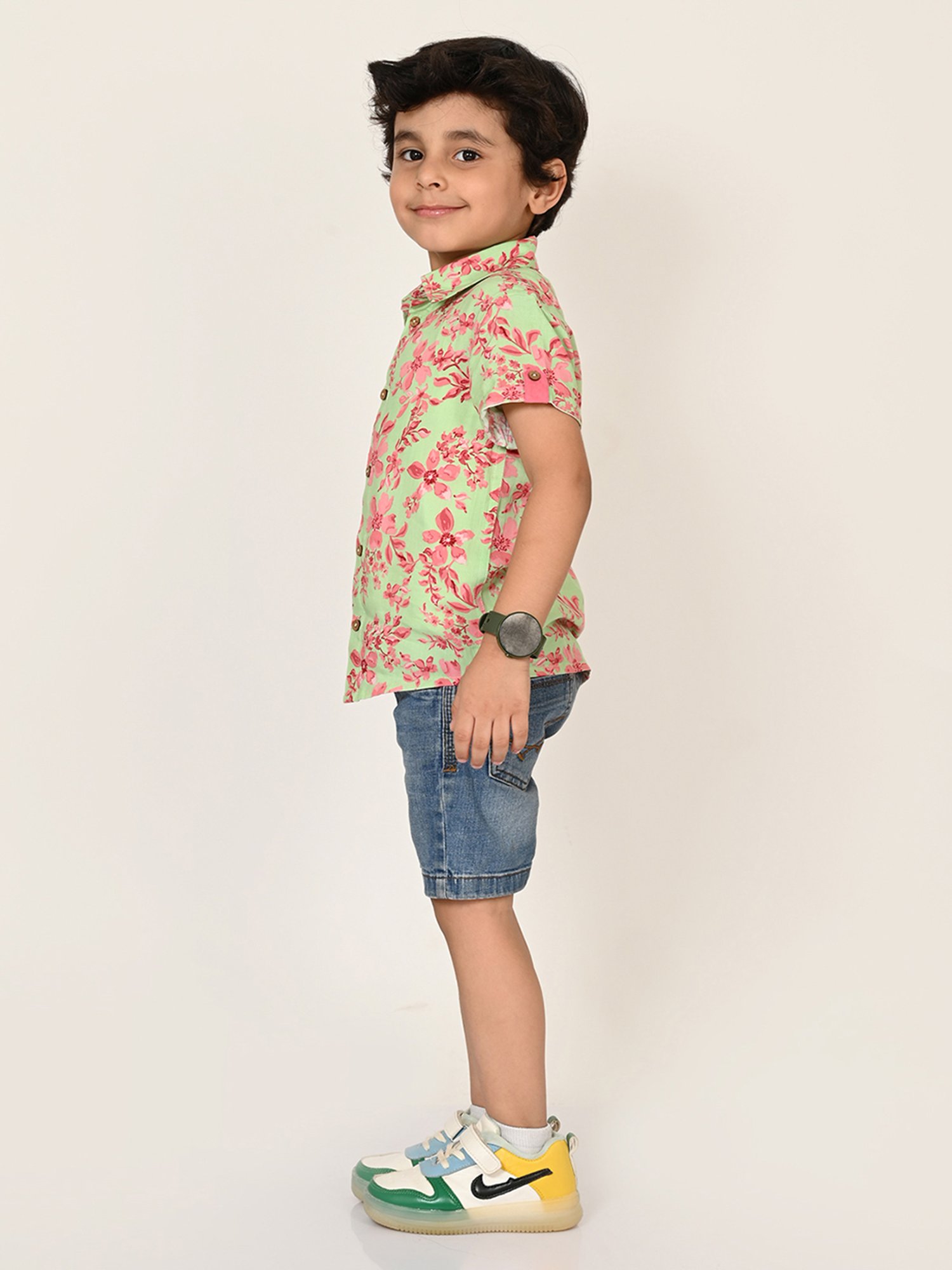 Lil Drama Kids Light Green & Pink Floral Print Shirt