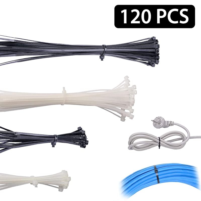120 Pcs Assorted Sizes Nylon Zip Ties 8 inch & 4 inch, Black & White, Self Locking Plastic Cable Ties Wrap Management Organizer for Home Office Garden Garage & Workshop