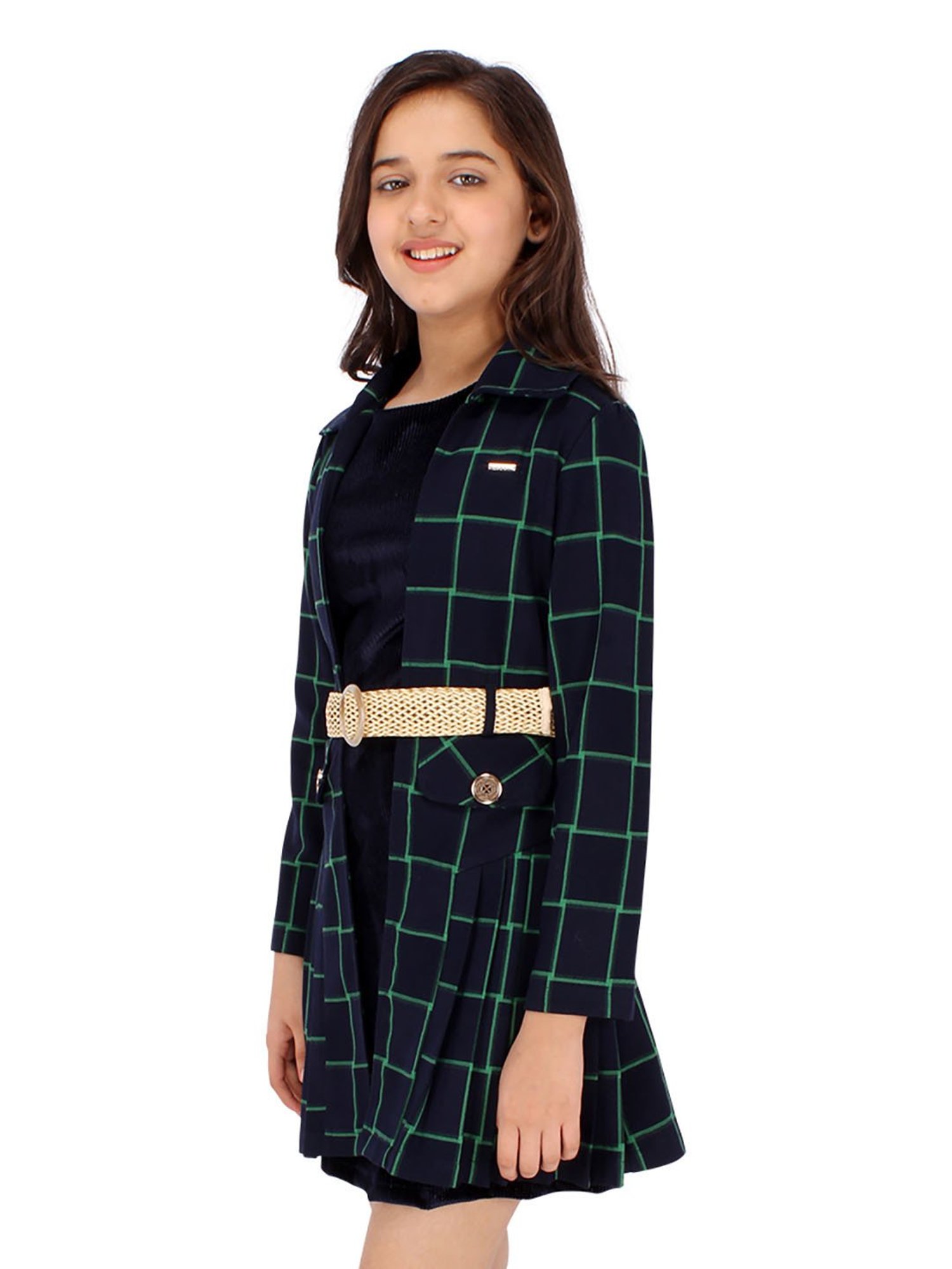 Cutecumber Kids Navy Checks Full Sleeves Dress with Jacket