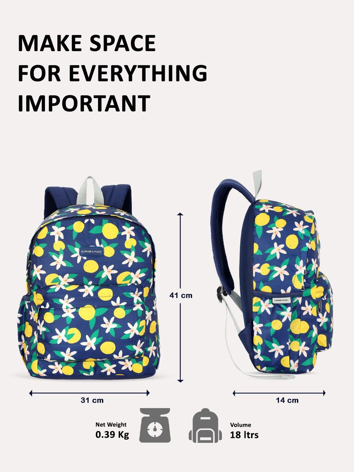 Lavie Sport Lime 18L Printed Casual Backpack |School Bag for Girls (Navy)