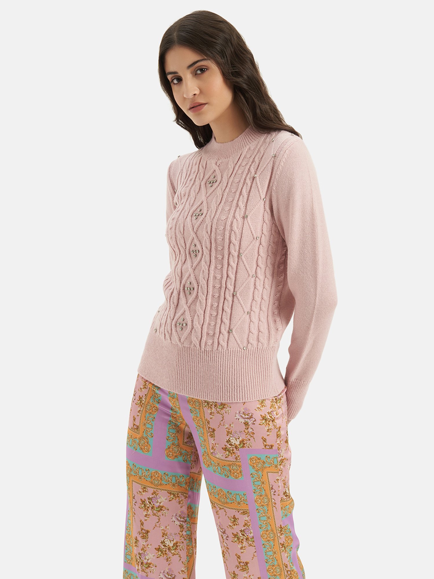 Kazo Light Pink Embellished Cable Knit Pullover