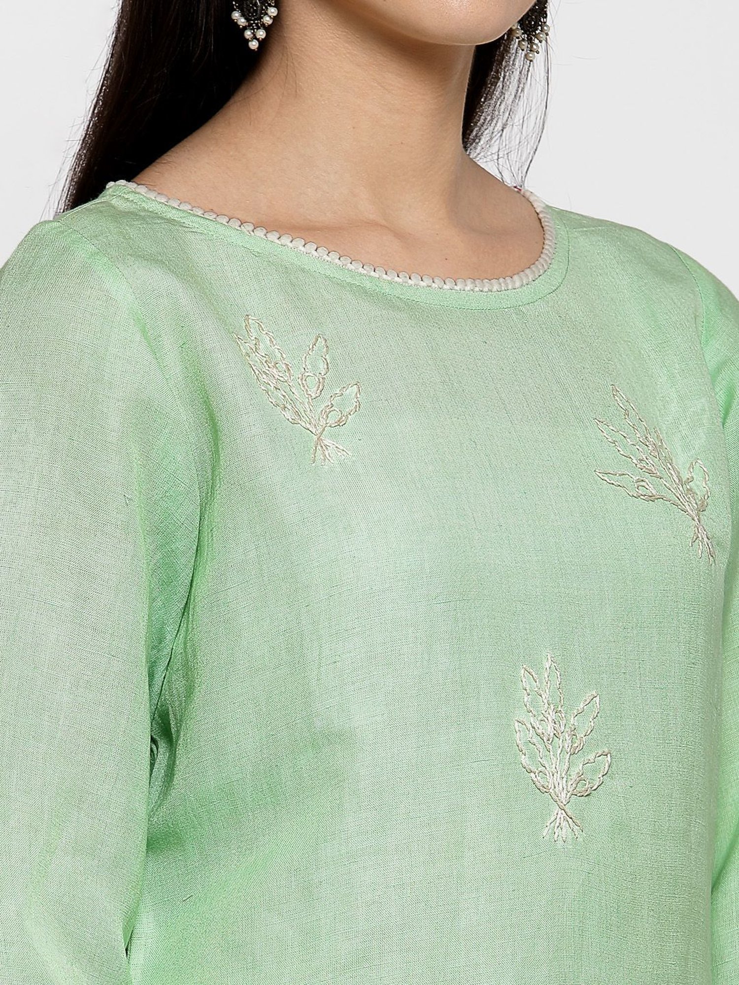 DART STUDIO Green Linen Embroidered Straight Kurta