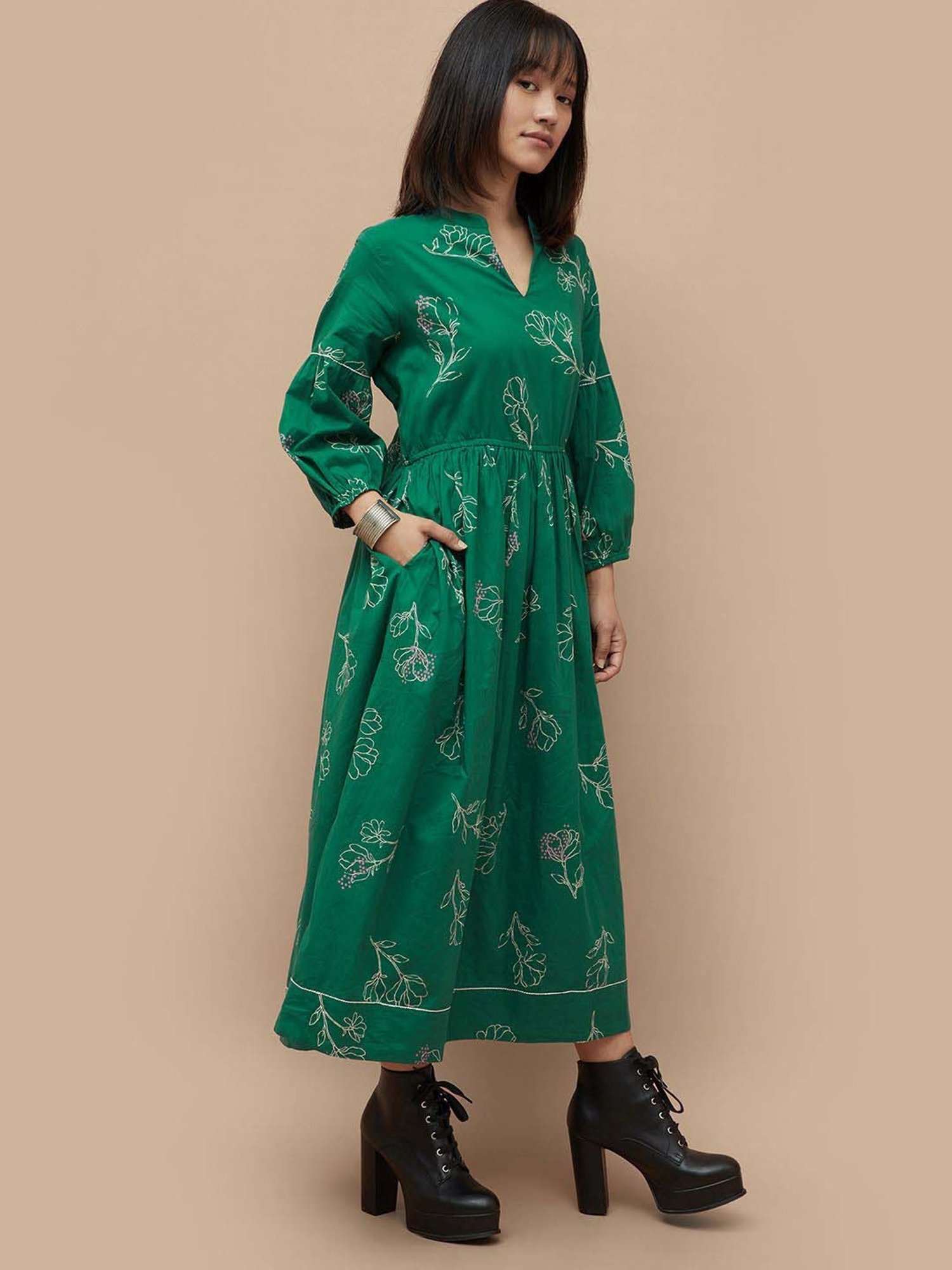 Colour Me by Melange Green Cotton Printed Maxi Dress