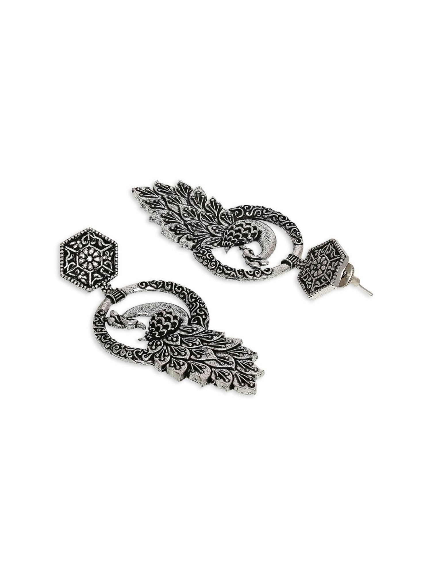 OOMPH Silver Oxidized Silver Look Alike Peacock Shape Ethnic Dangler Earrings