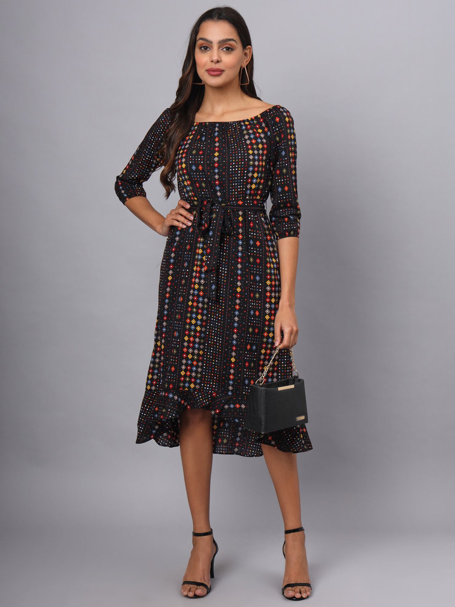 BRINNS Jet Black Printed Midi Dress