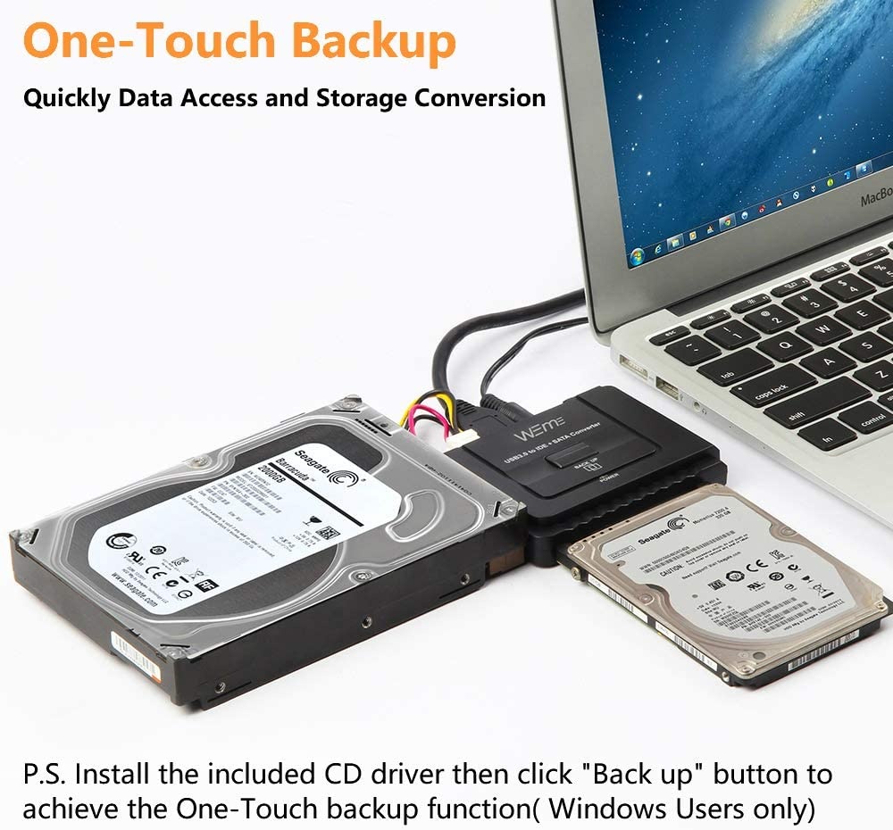 WEme USB 3.0 to SATA IDE Adapter with Universal 2.5 3.5 Hard Drive Disk Converter for HDD SSD and IDE HDD Support 12TB and One-Touch Backup Include 12V 2A Power Adapter and USB 3.0 Cable for Laptop