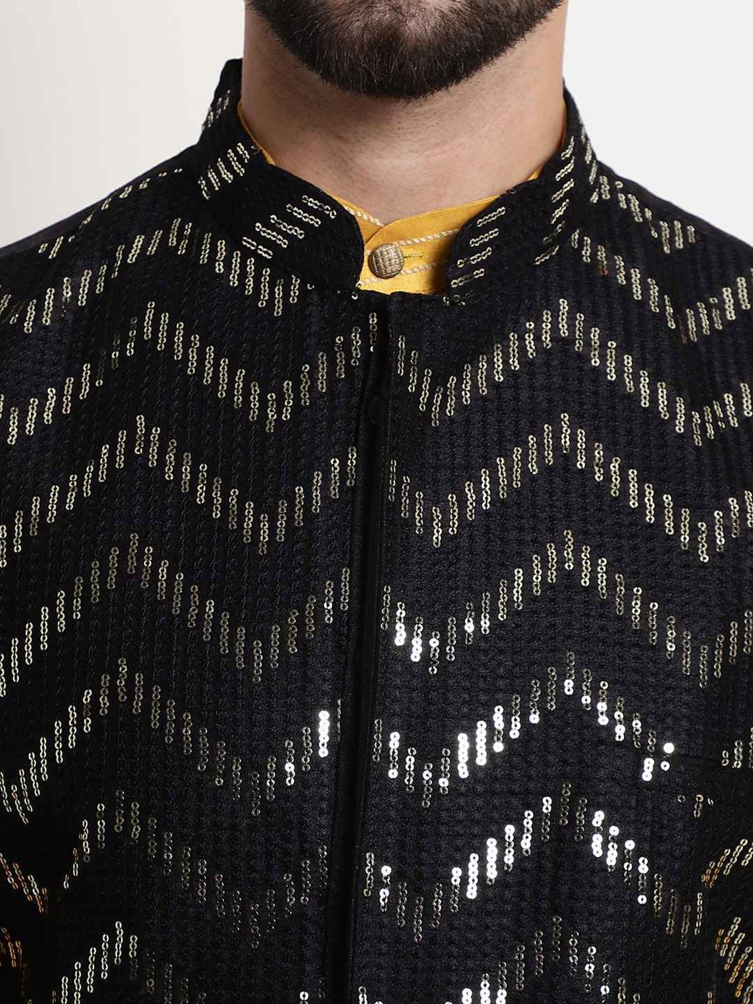 Sojanya Mustard & Black Regular Fit Self Pattern Kurta Set With Jacket