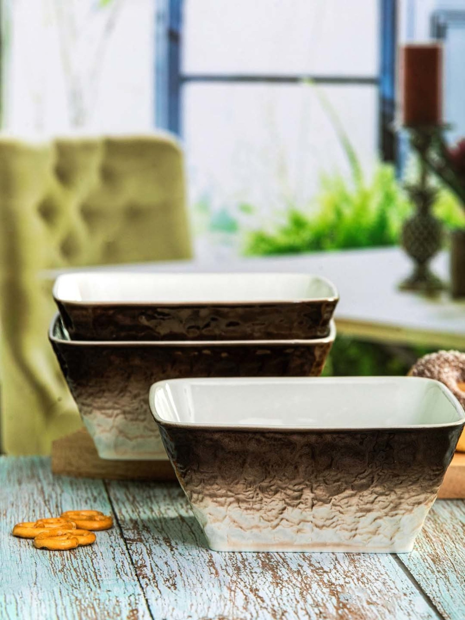 White Gold White & Brown Porcelain Serving Bowls - Set of 3