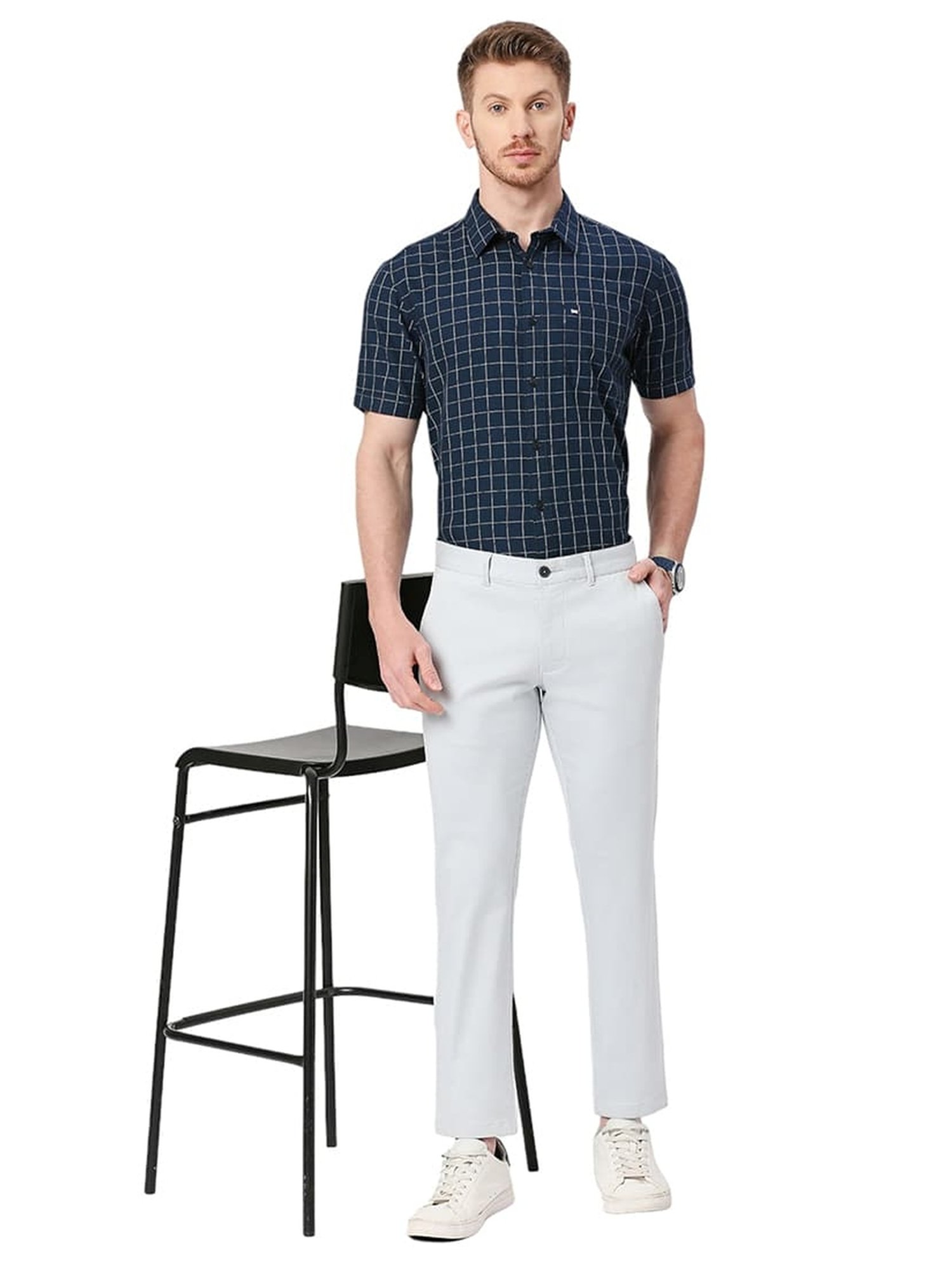 Basics Light Blue Cotton Tapered Fit Texture Trousers