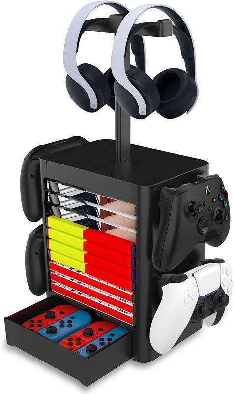 Ackmioxy Headset and Game Organizer (up to 10 Games) for PS5 PS4 Playstation/Xbox Series S & X/Switch Accessories, Headphones, Game Discs, Joy Cons, DualSense, Controllers, Black