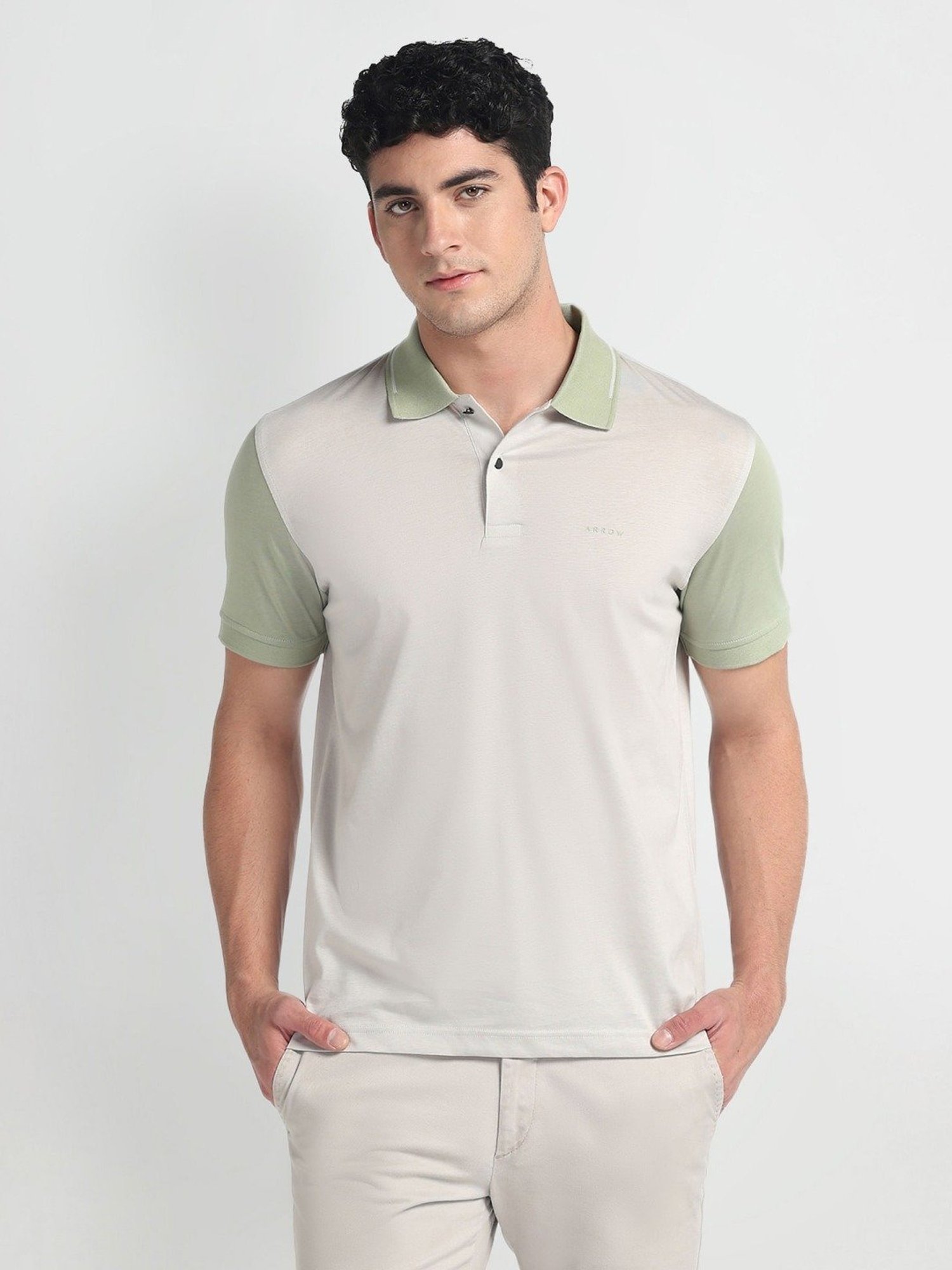 Arrow Newyork Grey Cotton Regular Fit Colour Block Polo T-Shirt