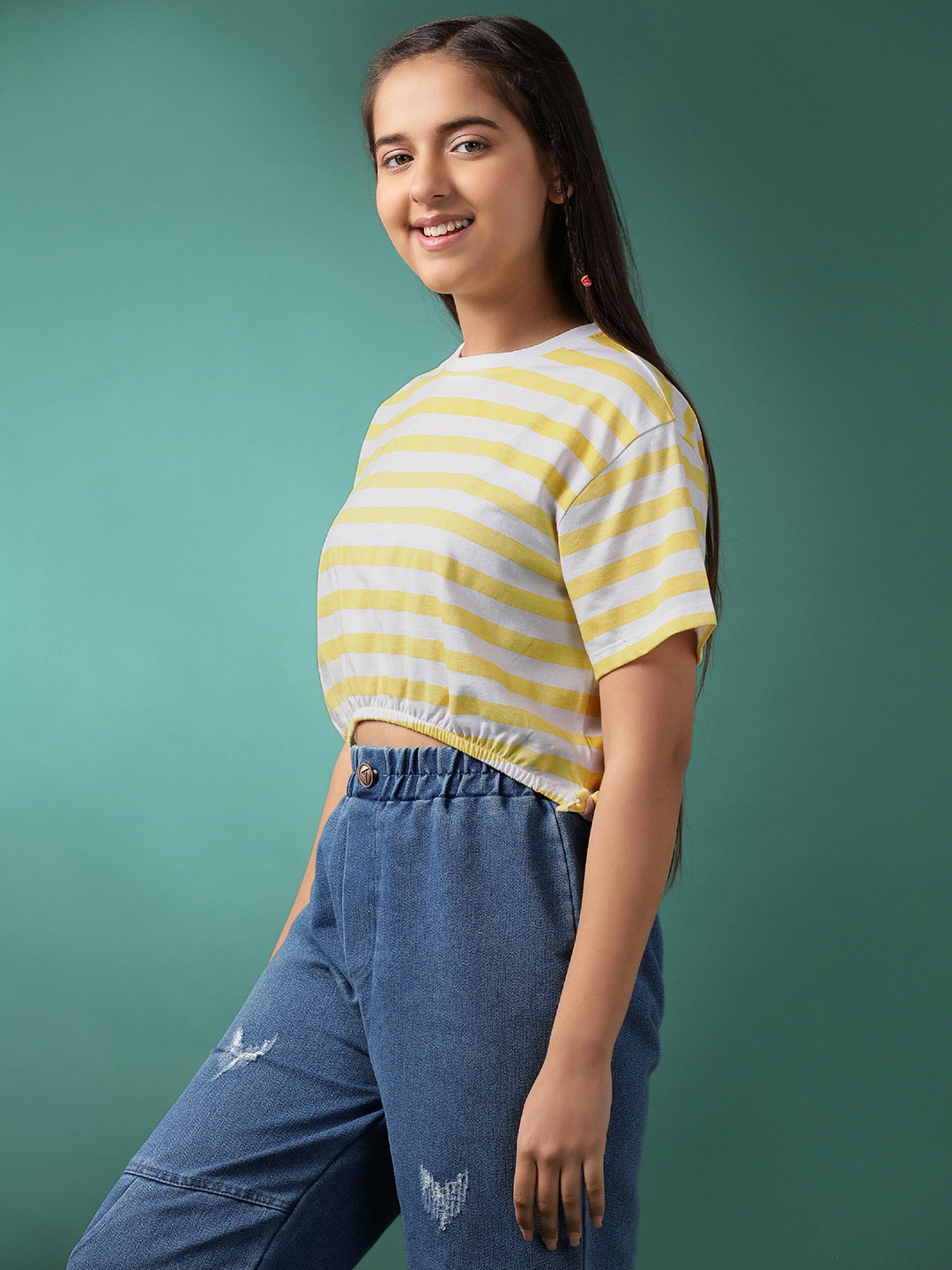 Lil Tomatoes Kids Yellow & White Striped Crop Top