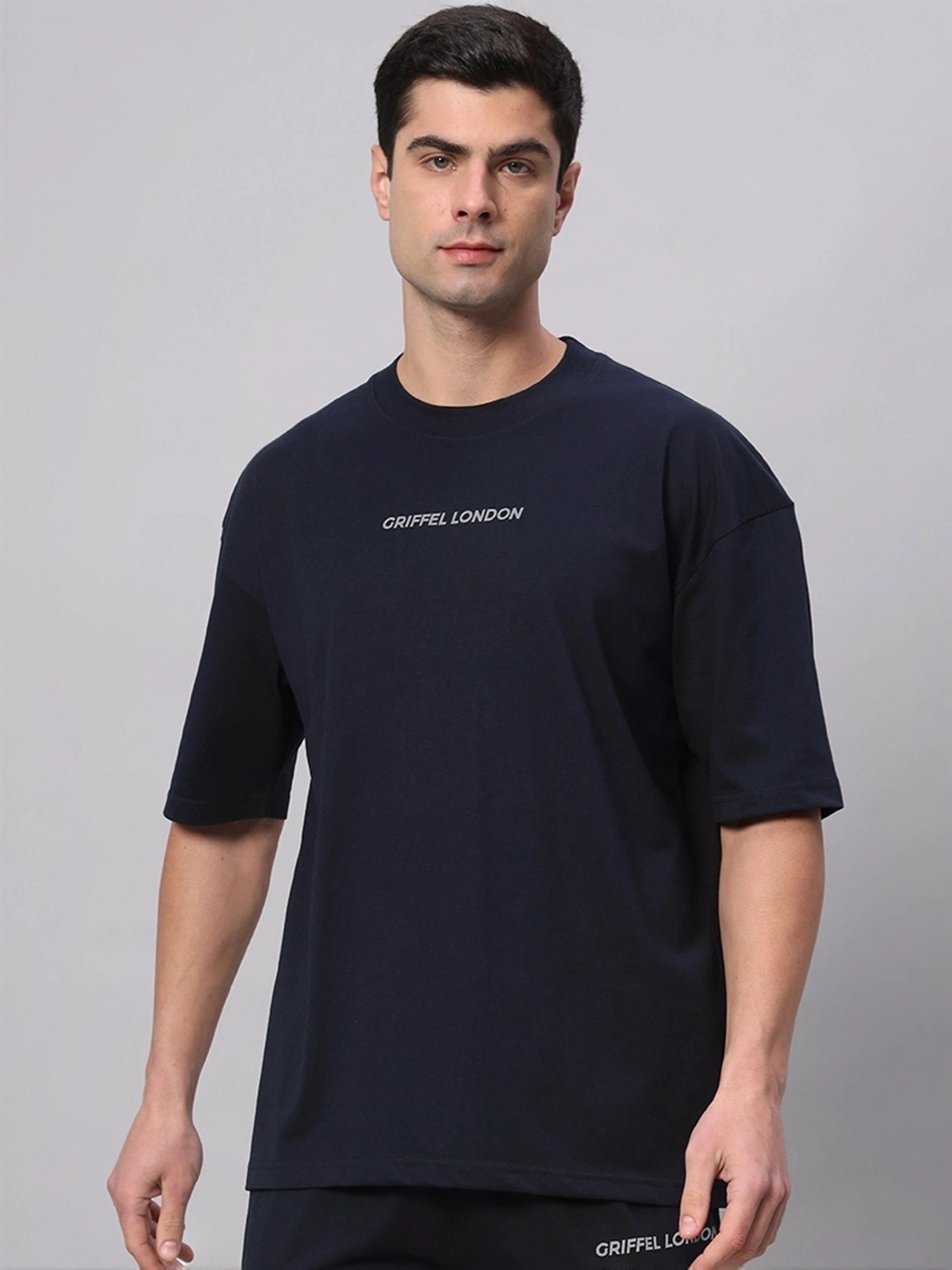 Griffel Navy Blue Cotton Loose Fit Printed T-Shirt