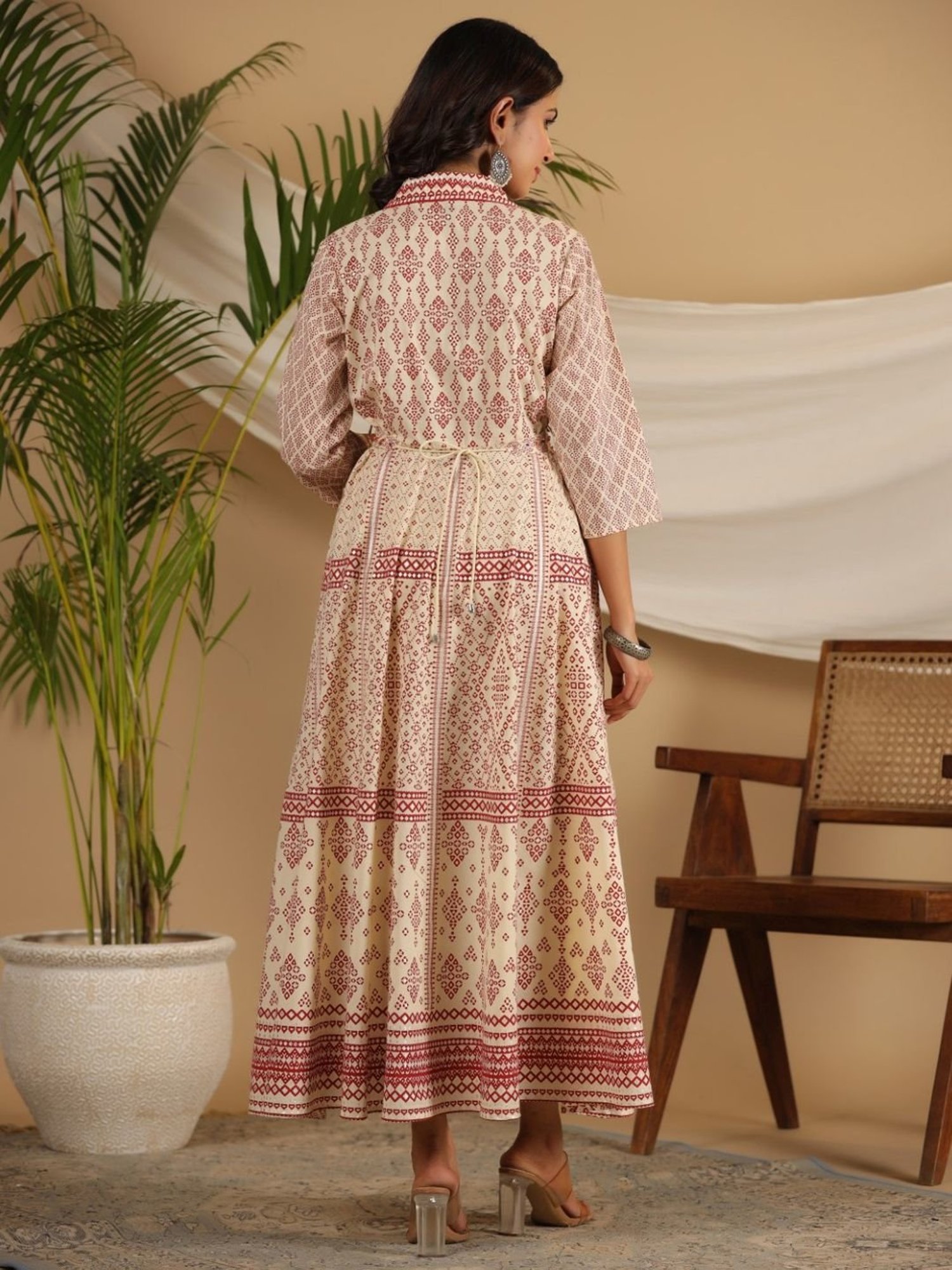 Juniper  Ivory Cotton Geometric Printed Fit & Flare Maxi Dress With Contrast Beads & Sequins