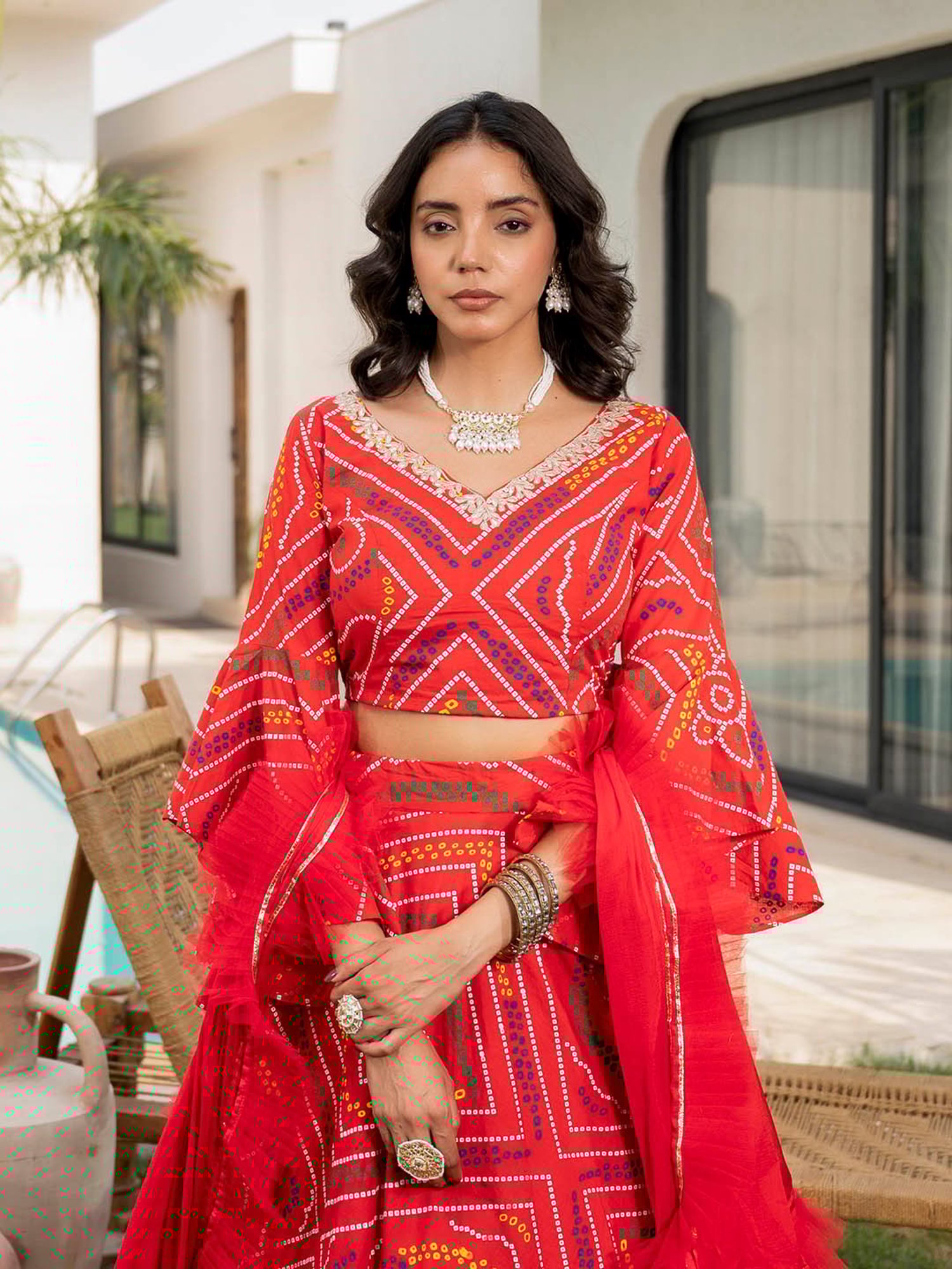 Divena Red Bandhani Ghagra & Choli With Dupatta