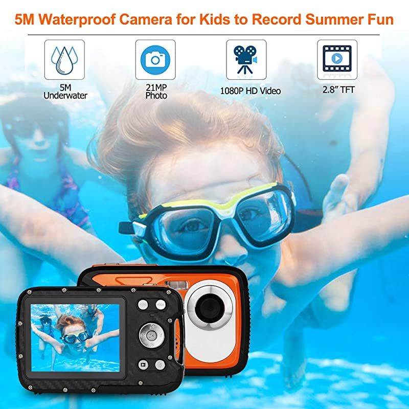 Digital Camera for Kids 21MP FHD 1080P 5 Meter Waterproof Underwater Camera 28 Inch LCD 8X Digital Zoom with 1050MaH Rechargable LiIon Battery Orange