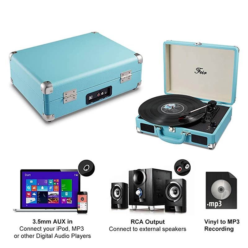 Stereo Blue Record Player 3 Speed Portable Turntable Suitcase Built in 2 Speakers RCA Line Out AUX Headphone Jack PC Recorder