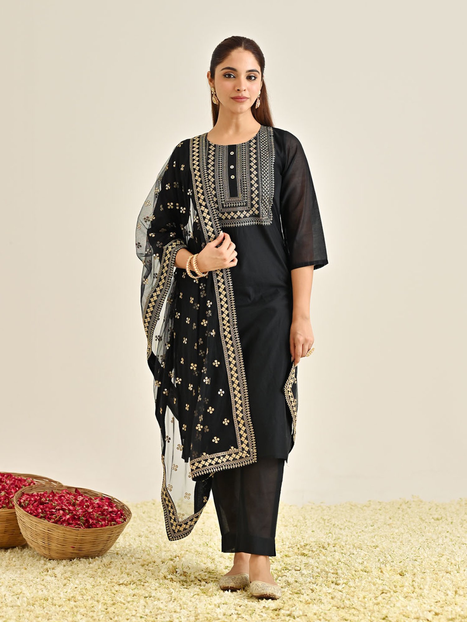 Rustorange Black Embroidered Kurta With Pant & Dupatta