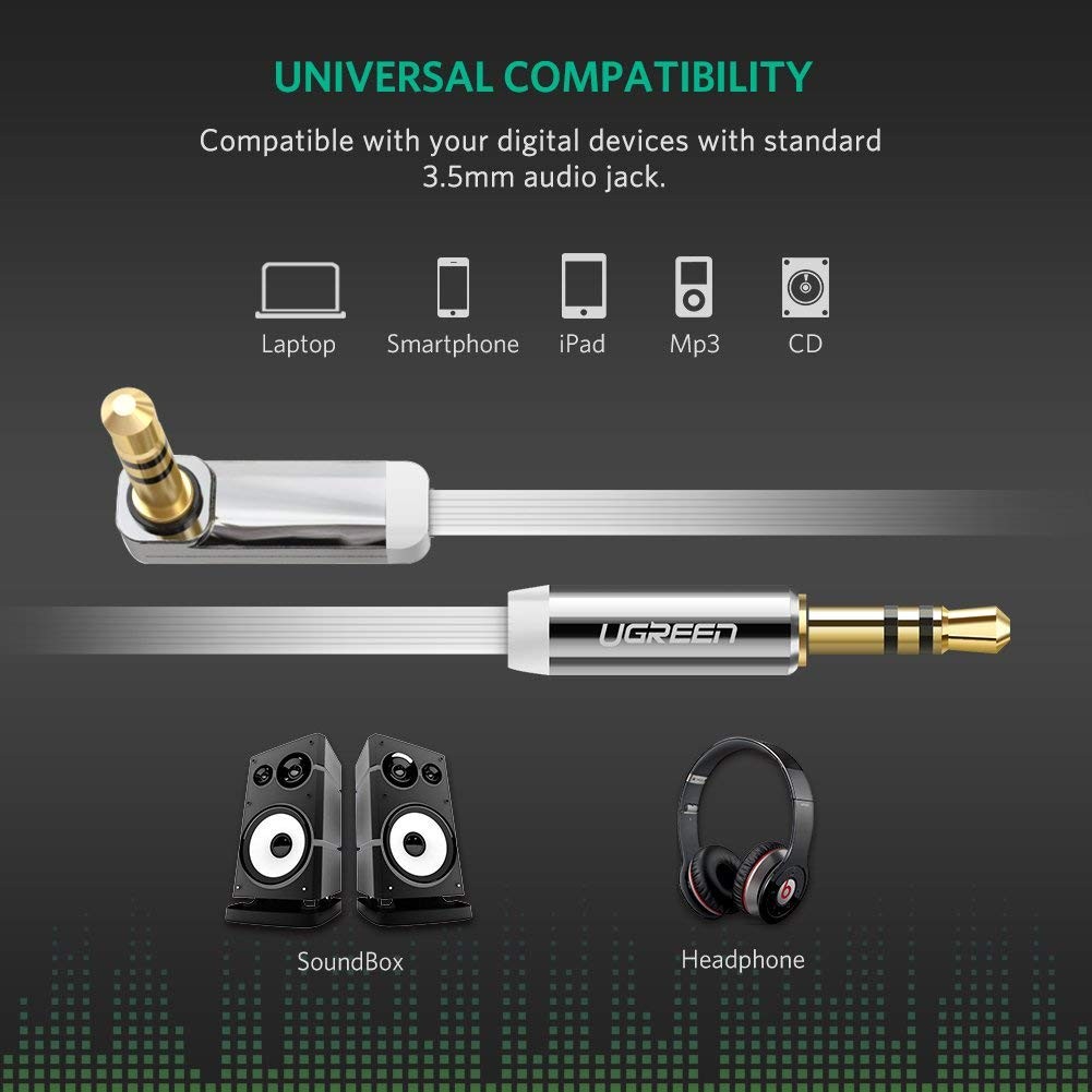 UGREEN 3.5mm Auxiliary Audio Jack to Jack cable 90 Degree Right Angle for Apple iPhone, iPod, iPad, Samsung, Smartphones, Tablets and Speakers,24K Gold Plated Male to Male