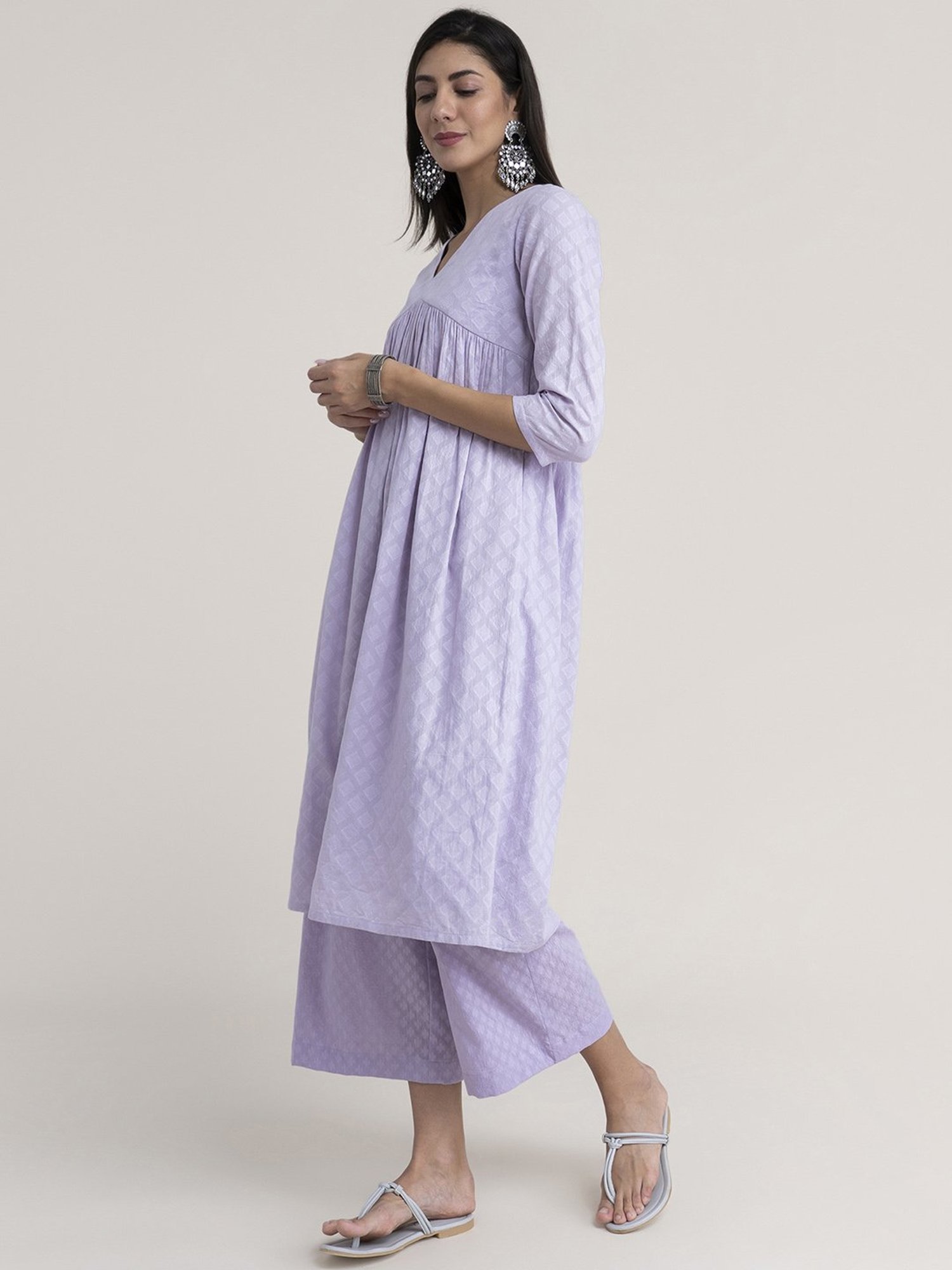 Pink Fort Lavender Cotton Embroidered Kurta Palazzo Set