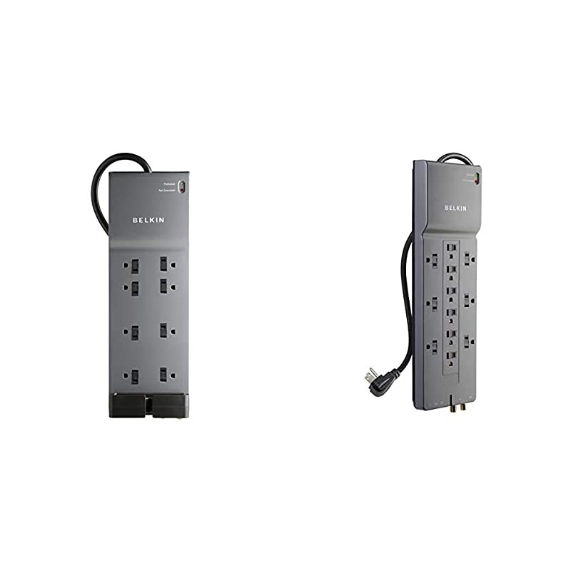 BE10823006 8Outlet Power Strip Surge Protector wFlat Plug 6ft Cord 3550 JoulesBlack 12Outlet Power Strip Surge Protector w 8ft Cord 3940 Joules Gray