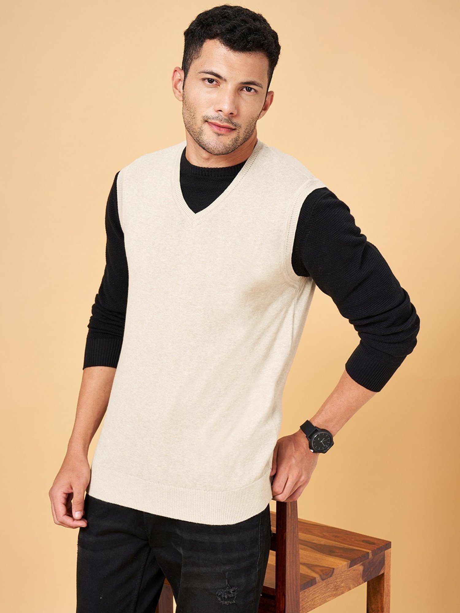 Byford by Pantaloons Beige Cotton Slim Fit Self Pattern Sweater