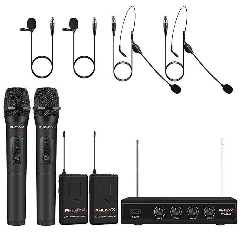 Wireless Microphone System,  4-Channel VHF Wireless Microphone Set with 2 Handhelds/2 Bodypacks/2 Lapels/ 2 Headset, Metal Receiver, Ideal for Church, Meeting, Conference(PTV-2000B)