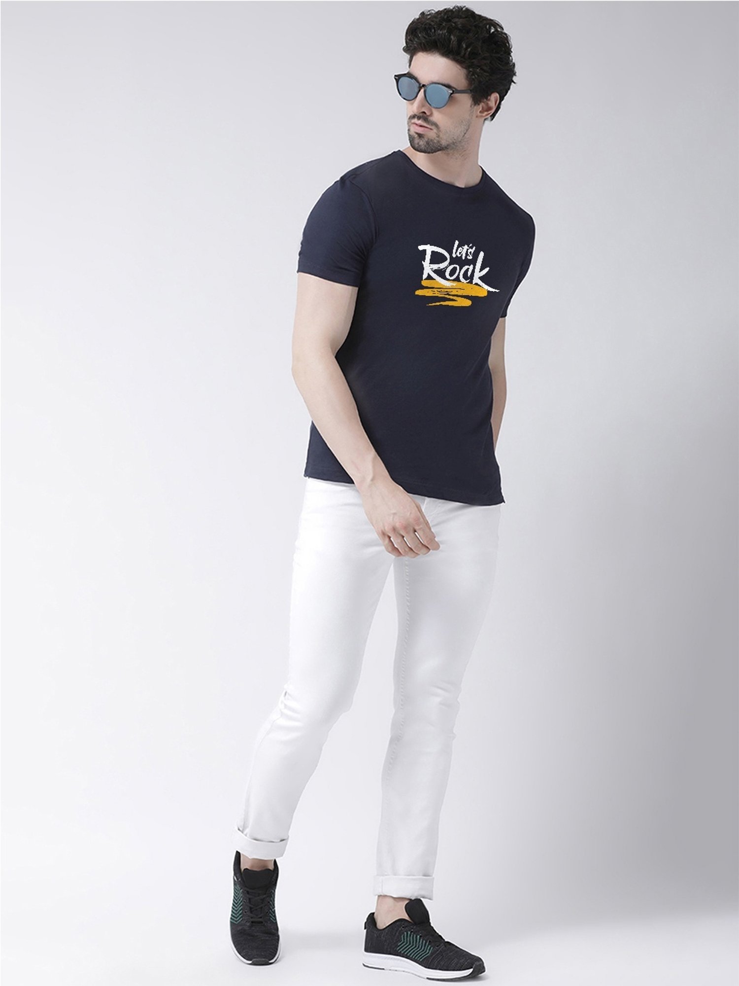 Friskers Navy Blue Cotton Slim Fit Printed T-Shirt