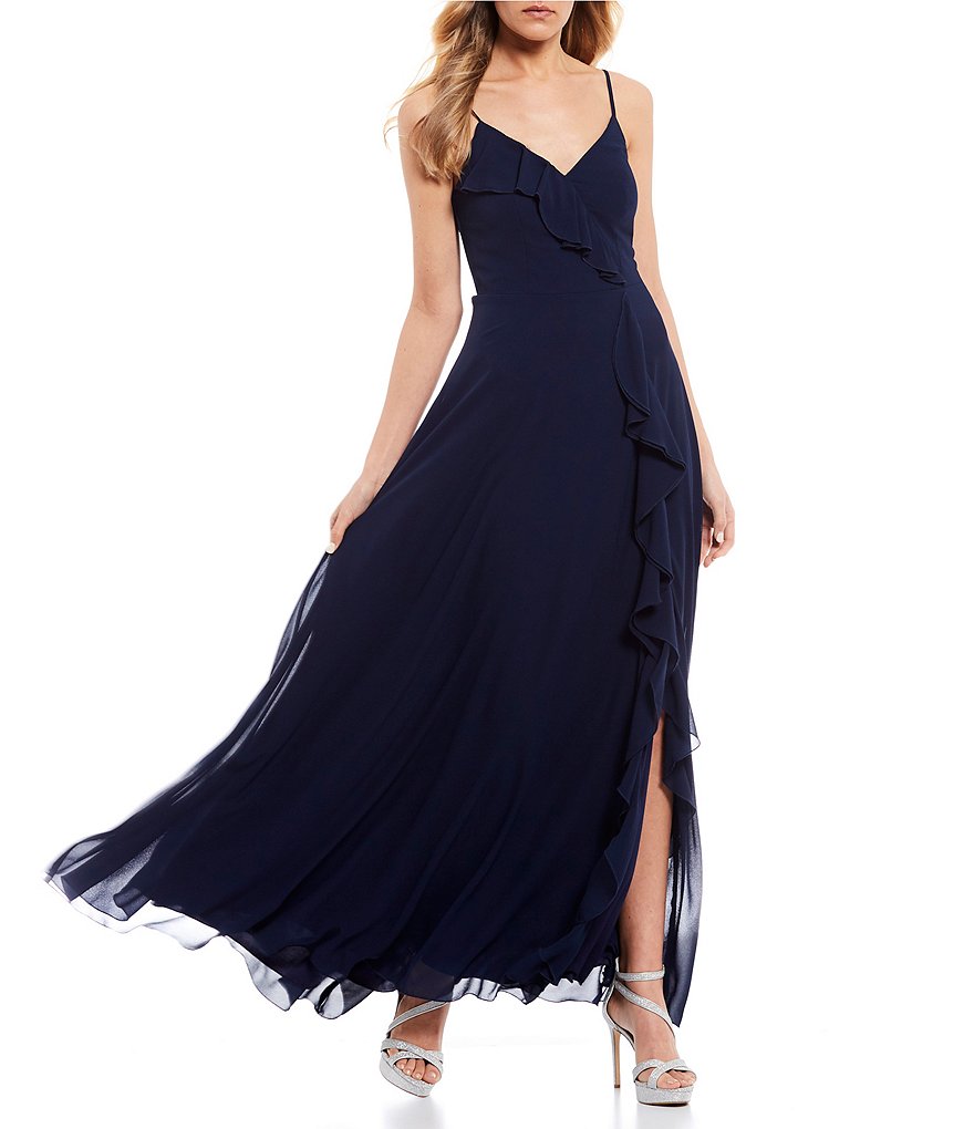 Teeze Me Spaghetti Strap Side Slit Ruffle Draped Long Dress