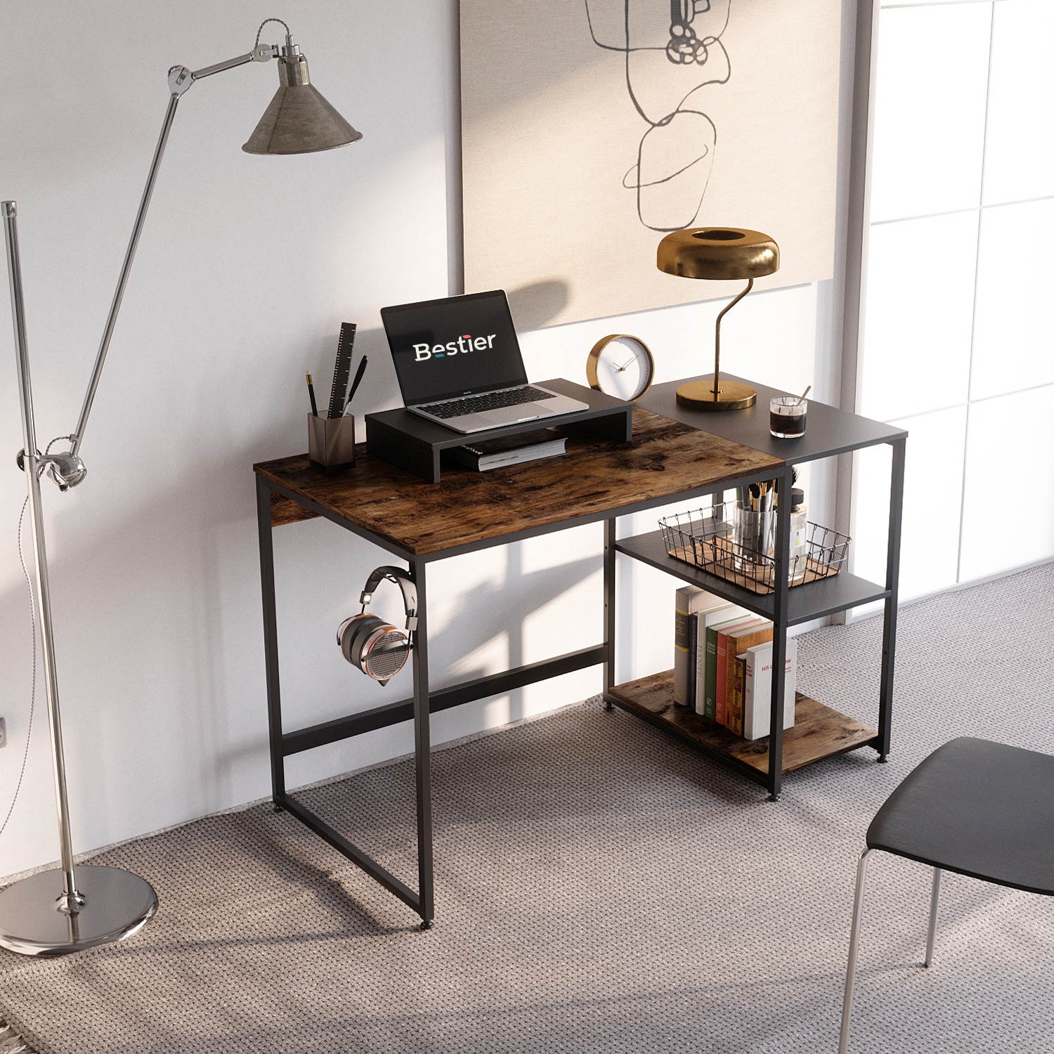 Bestier 55 Inch Home Desks with Monitor Stand & Storage Shelves, Sturdy Rustic Desk, Home Office Laptop Desk, Easy to Assemble, Rustic Brown & Black